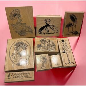 Set of 9 VICTORIAN VINTAGE RUBBER STAMPS WOOD Set FANCY HATS, WOMAN, DRESSES EUC